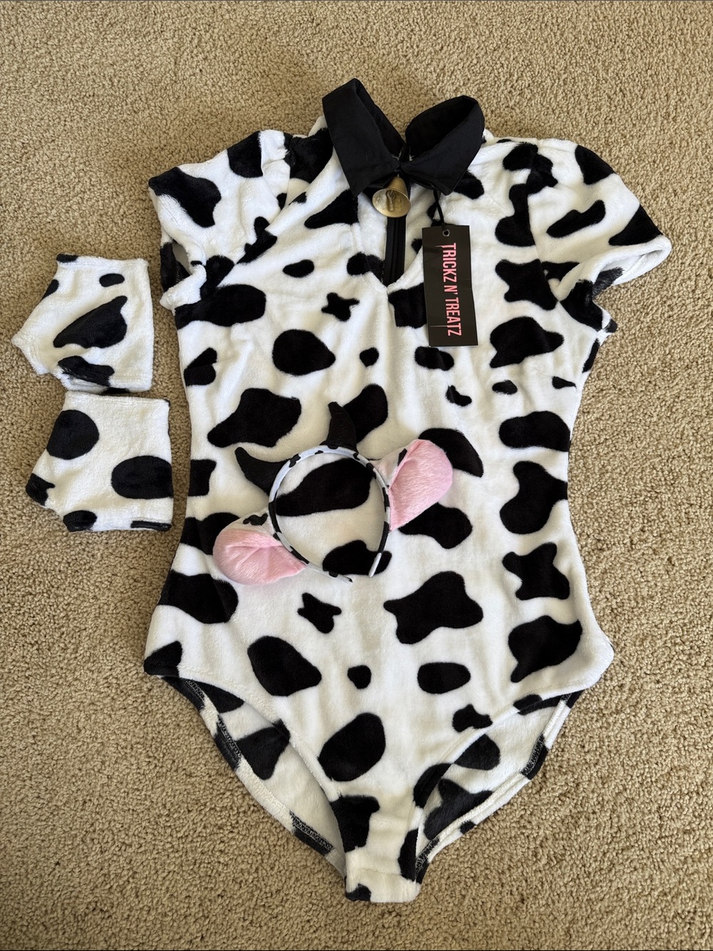 Women’s Cow Print One-Piece Costume with Ear Headband and mittens- Black & White